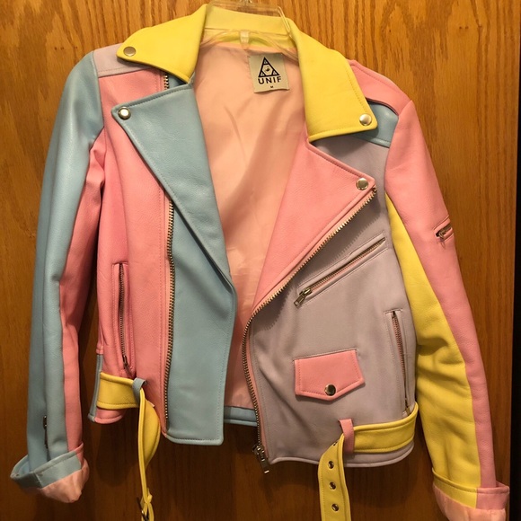 Unif Pastel Moto Rainbow Leather Jacket 